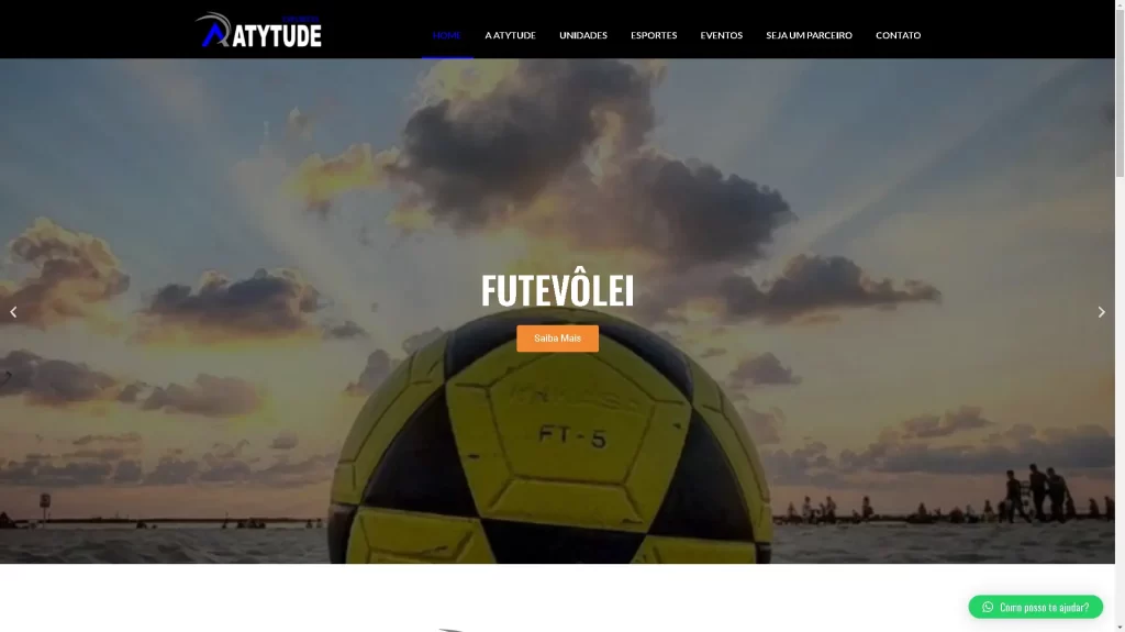 Página principal do website da empresa Atytude Esportes. A Atytude Esportes é um time com o propósito de facilitar o acesso à prática de atividade física, com planos acessíveis, espaços bem estruturados e equipe super qualificada.