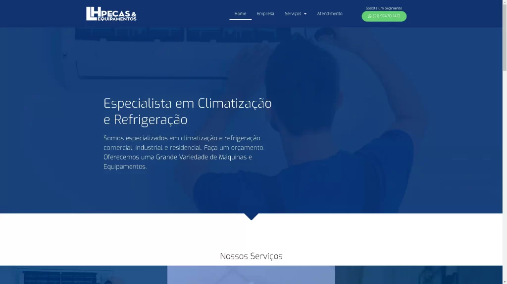 Página principal do website da empresa LH Peças e Equipamentos, especialista em serviços no segmento de ar condicionado, cozinha industrial e linha branca, sempre em constante crescimento buscando a excelência em seus serviços.