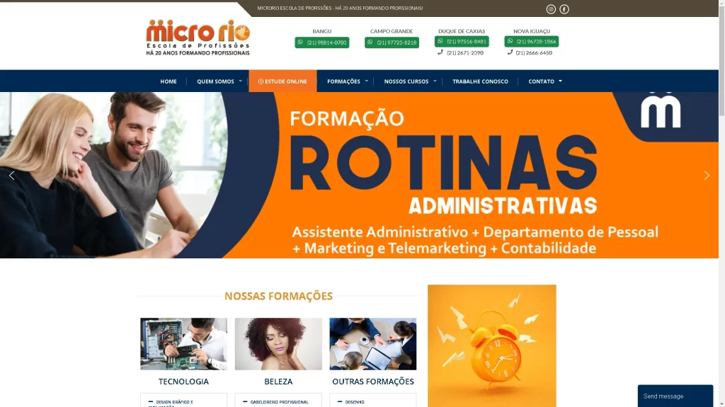 Página principal do website da Microrio Escola de Profissões. Escola profissionalizante com mais de 20 anos de atuação. Oferece cursos nas áreas de Tecnologia, Design, Desenho, Administração e Negócios, Beleza e Estética.