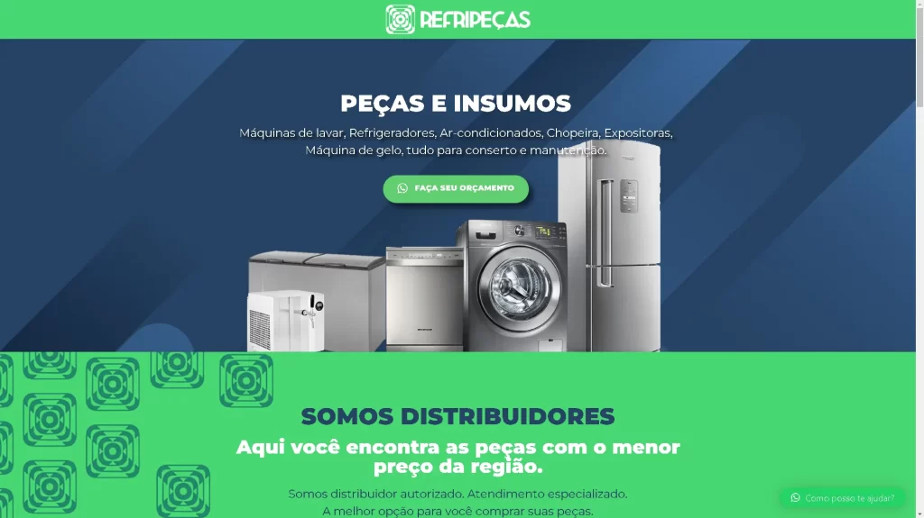 Página principal do website da empresa Refripeças, distribuidora autorizada de peças para Máquinas de Lavar, Refrigeradores, equipamentos de Ar-condicionado, Chopeiras, Expositores, Máquinas de Gelo, entre outros.