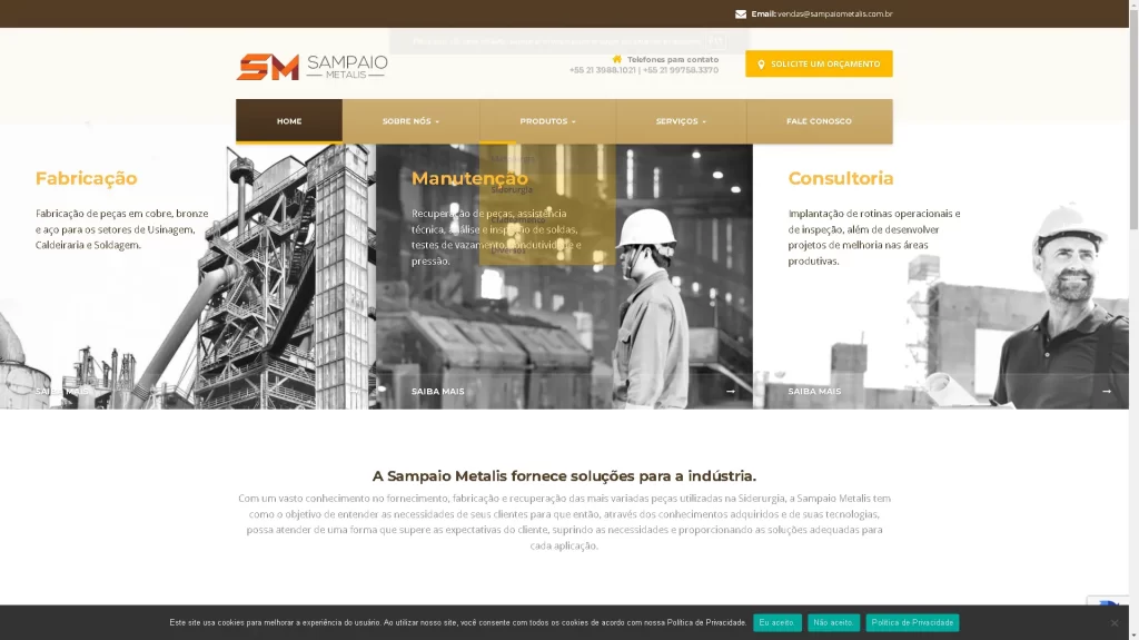 Página principal do website da empresa Sampaio Metalis, empresa especializada na fabricação e recuperação de peças utilizadas na Siderurgia. Oferece assistência técnica na produção e atua na análise e inspeção de soldas e desenvolvimento de projetos.