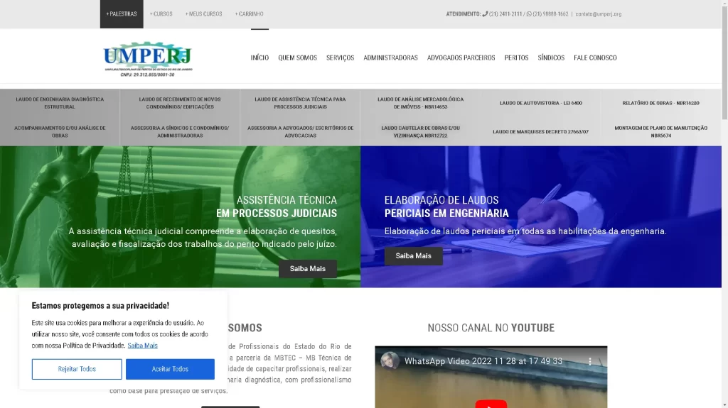 Página principal do website da UMPERJ, organização que tem como finalidade a capacitação de profissionais e a realização de obras e serviços com foco em engenharia diagnóstica.